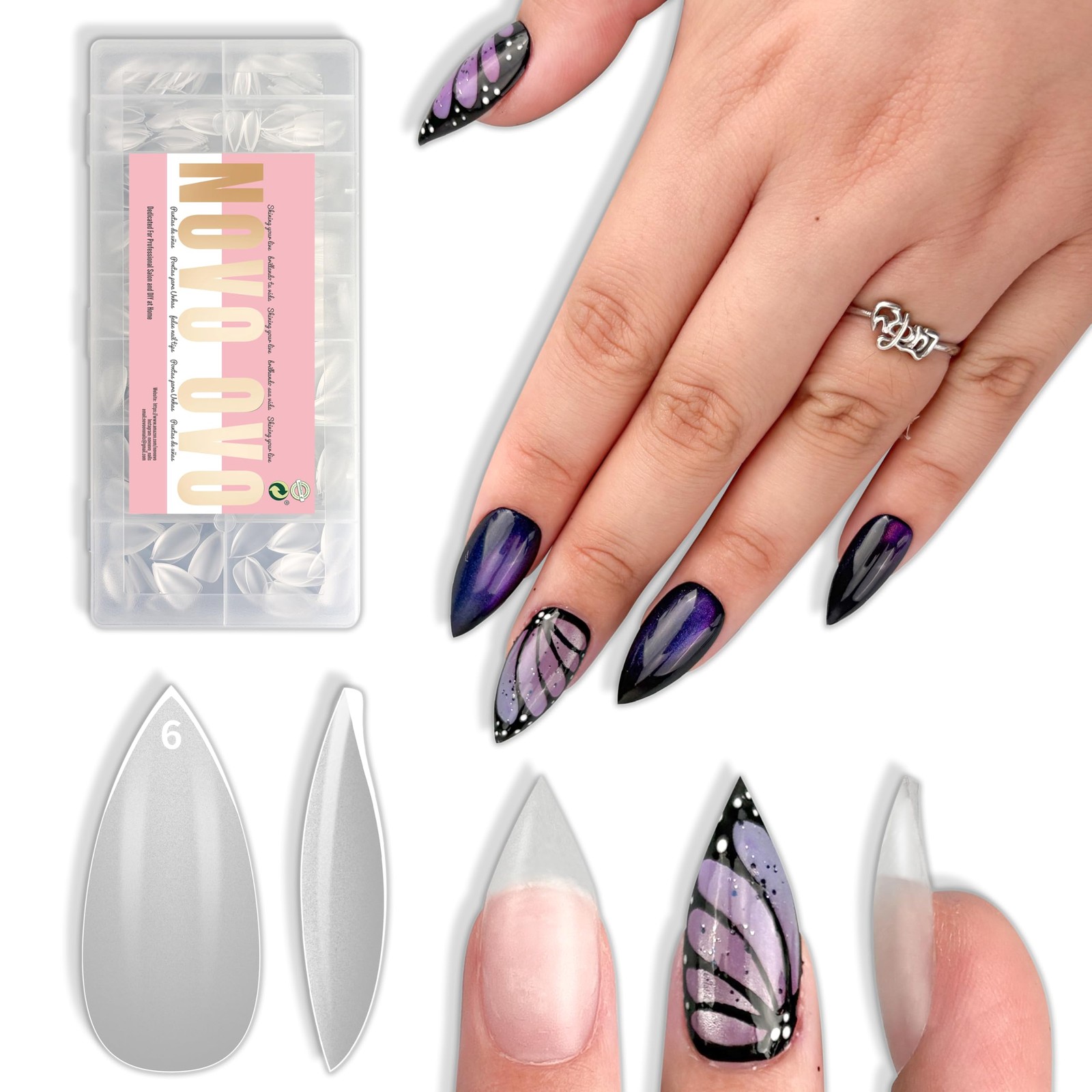 NOVO OVO Short Sharp Stiletto Nail Tips – 16 Sizes Extra Thick PMMA Soft Gel …