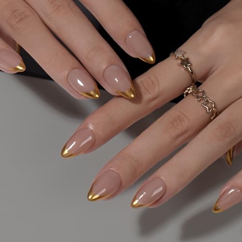 Chrome Gold French Tip Press On Nails Short Almond, 24 Pcs Acrylic Press gold