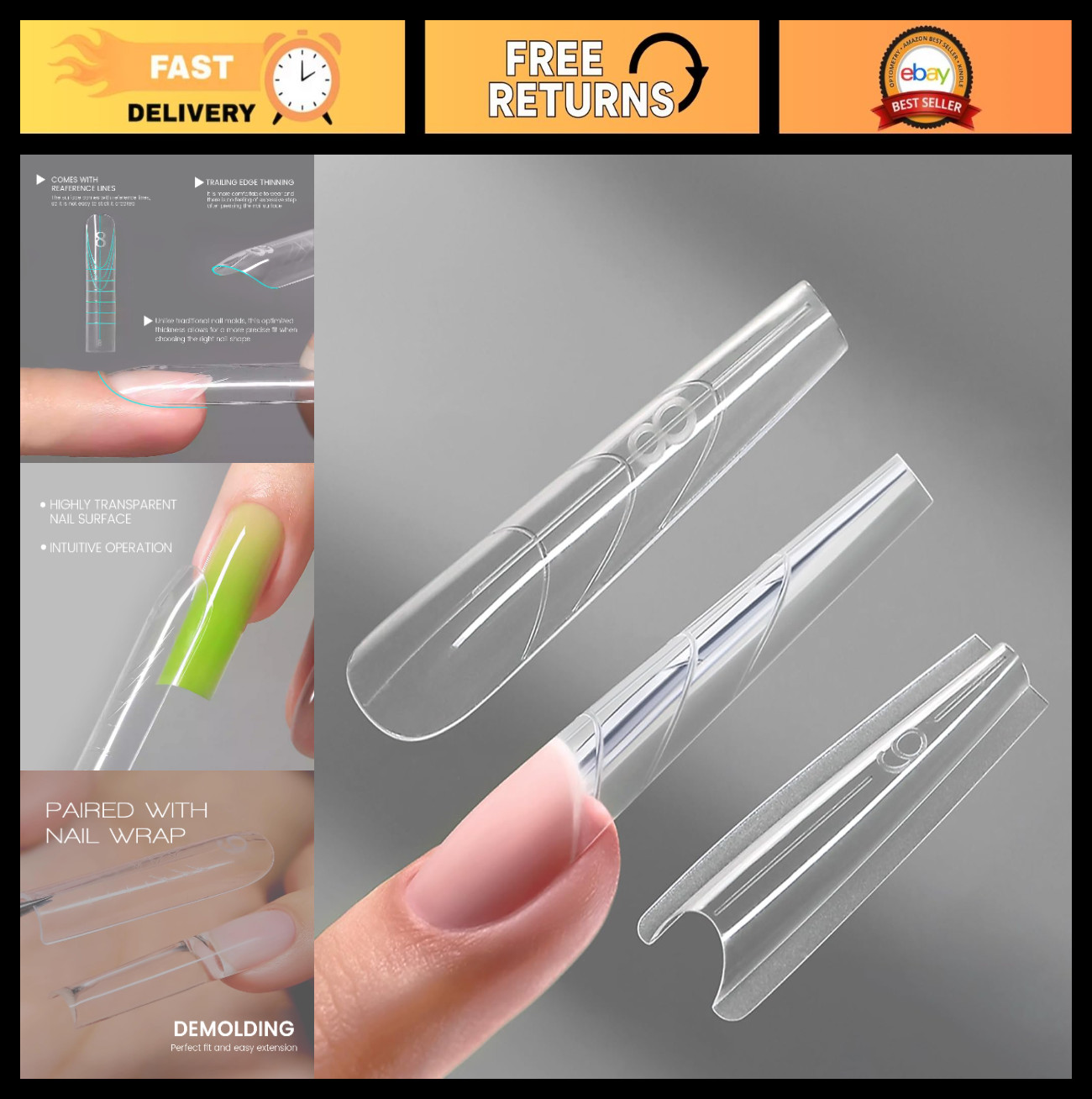 240Pcs Dual Forms Long Coffin Nail Molds – Quick Nail Extension, 15 Sizes, No Pa