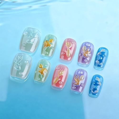 Press on Nails with Embossed Koi Fish Design Glossy Multicolor Fake 3D Goldfish
