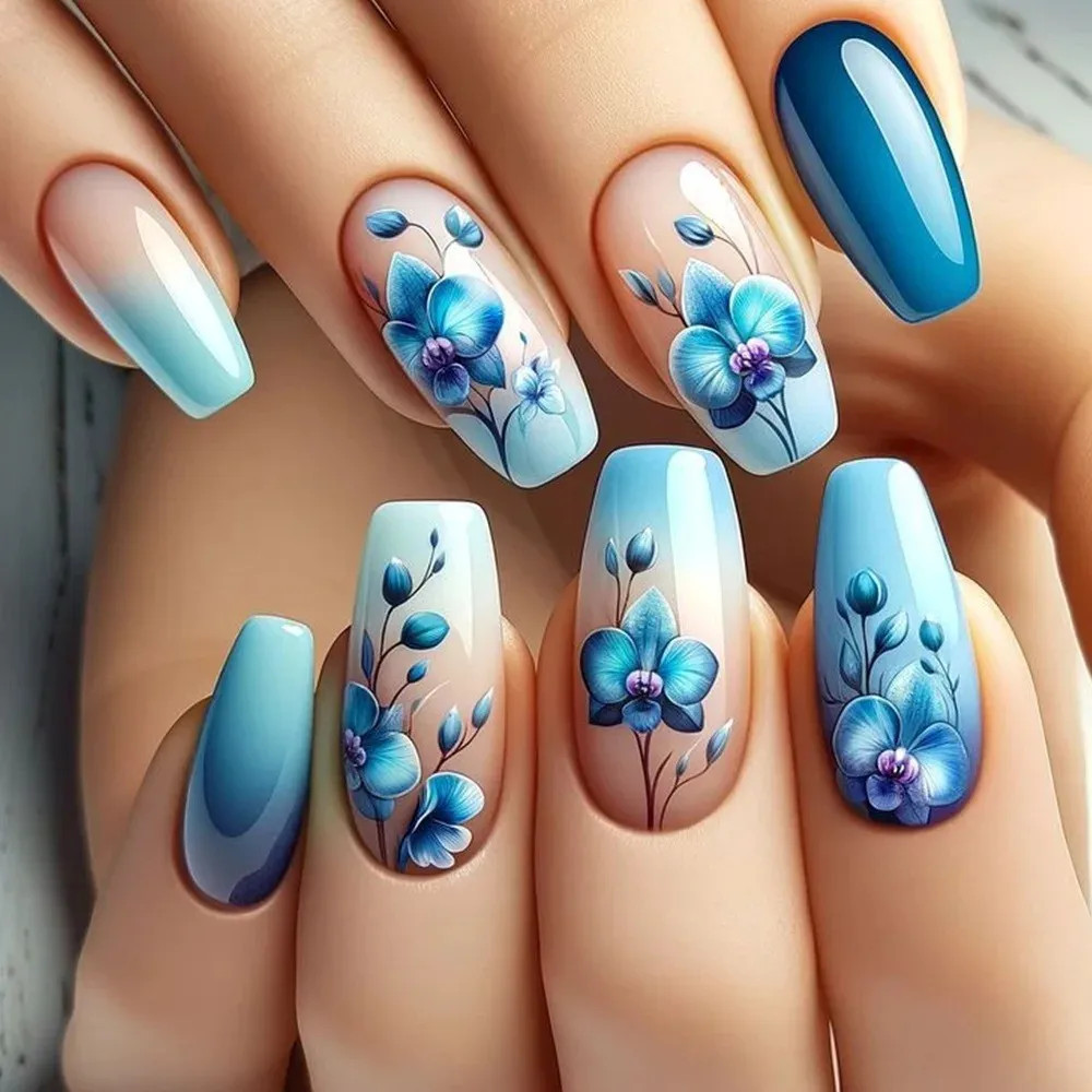 24pcs set Women Medium Long Square Fake Nails Black Blue Purple Gradient Starry
