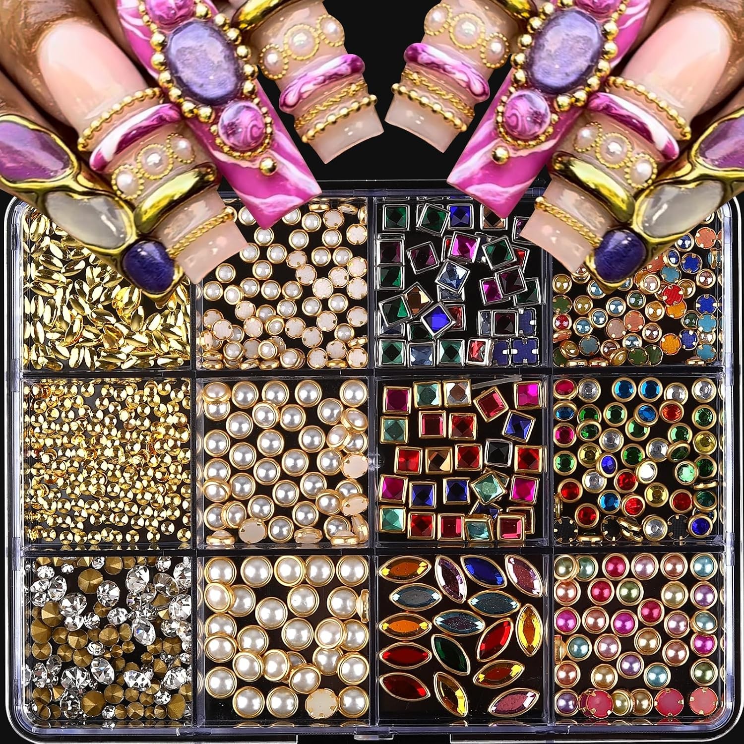 ROFIBUT 12 Grids 3D Luxury Nail Charms: Colorful Metal Diamond Nail Art