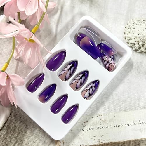 Dark Purple Gradient Press on Nails Medium Almond Shaped Pattern Purple Feather