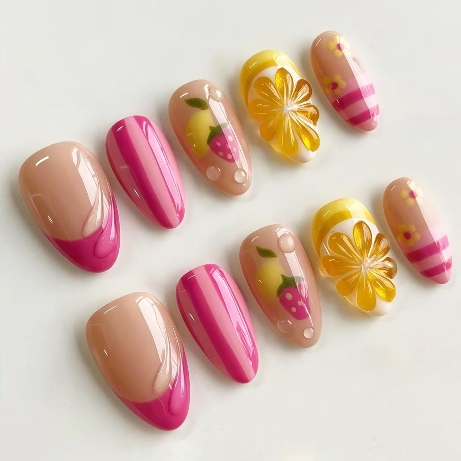 30Pcs Pink Press on Nails Medium Almond Fake Nails with Gold Beads 3D Flower Acr