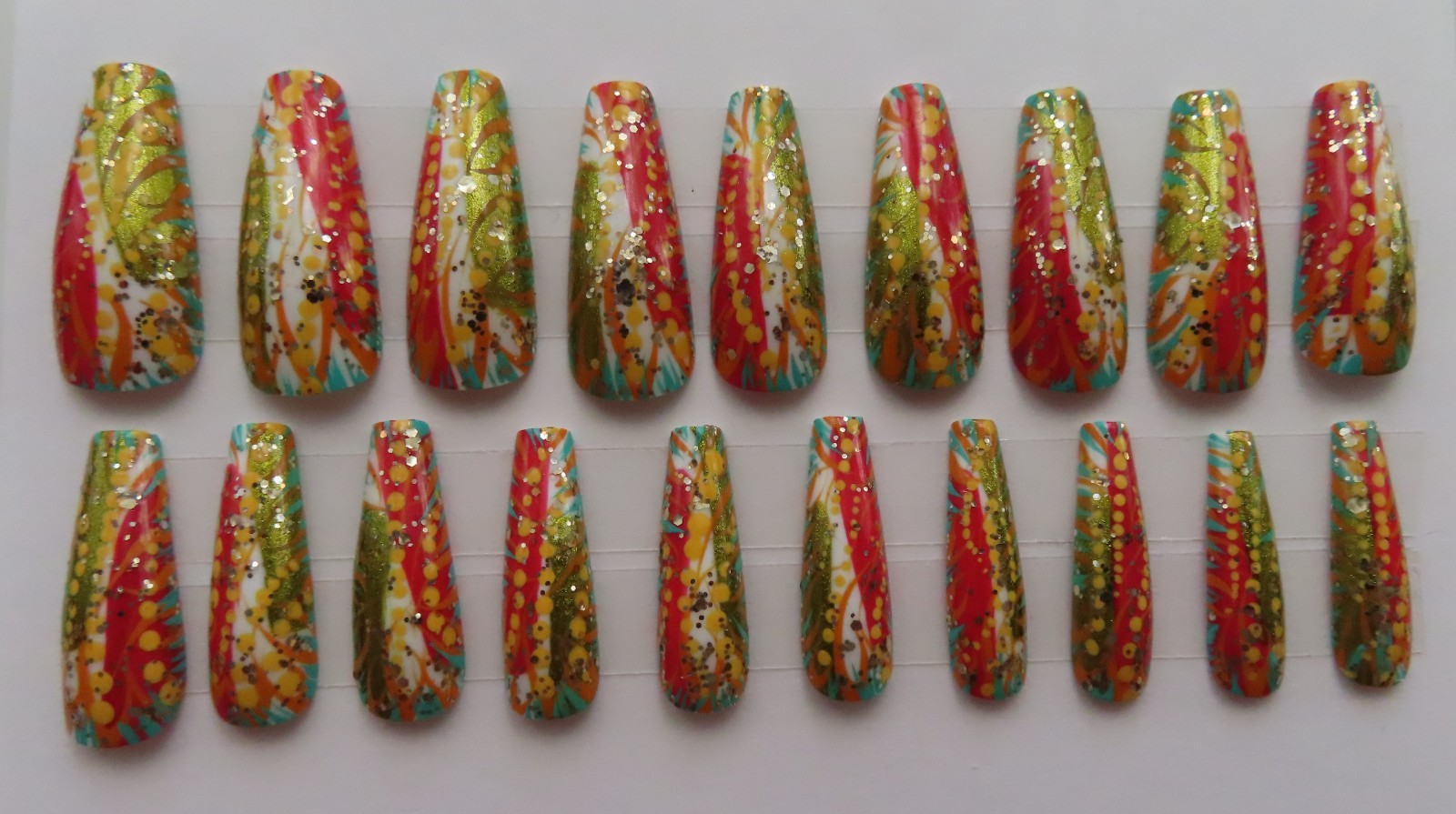 (2) Sets Clear Pink Lime | White Green Yellow Abstract Coffin Press-On Nails