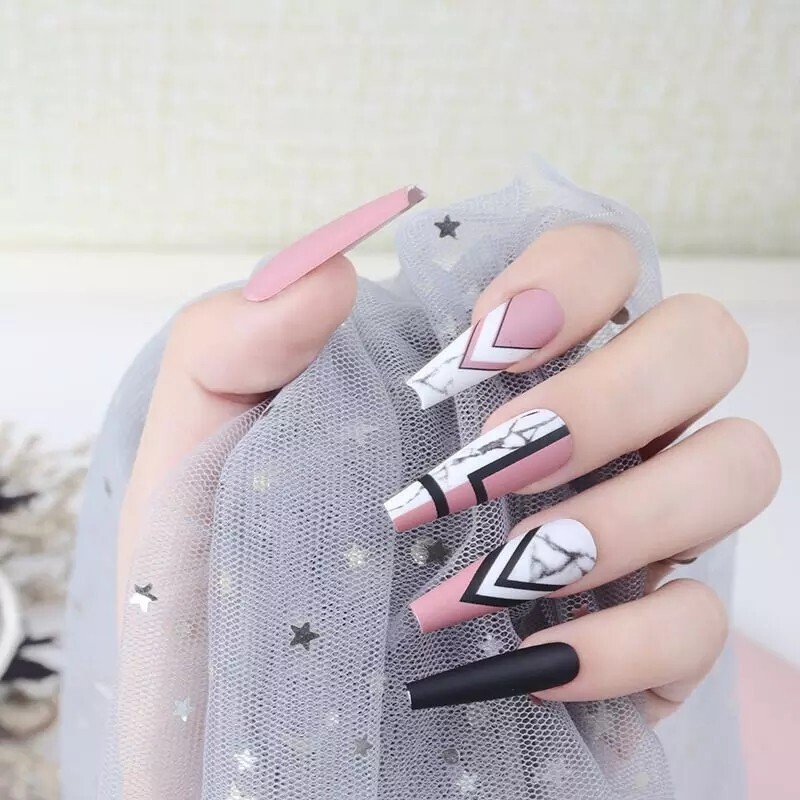 24 Geometric Pink Black White Press on nails glue on Coffin Long extra manicure