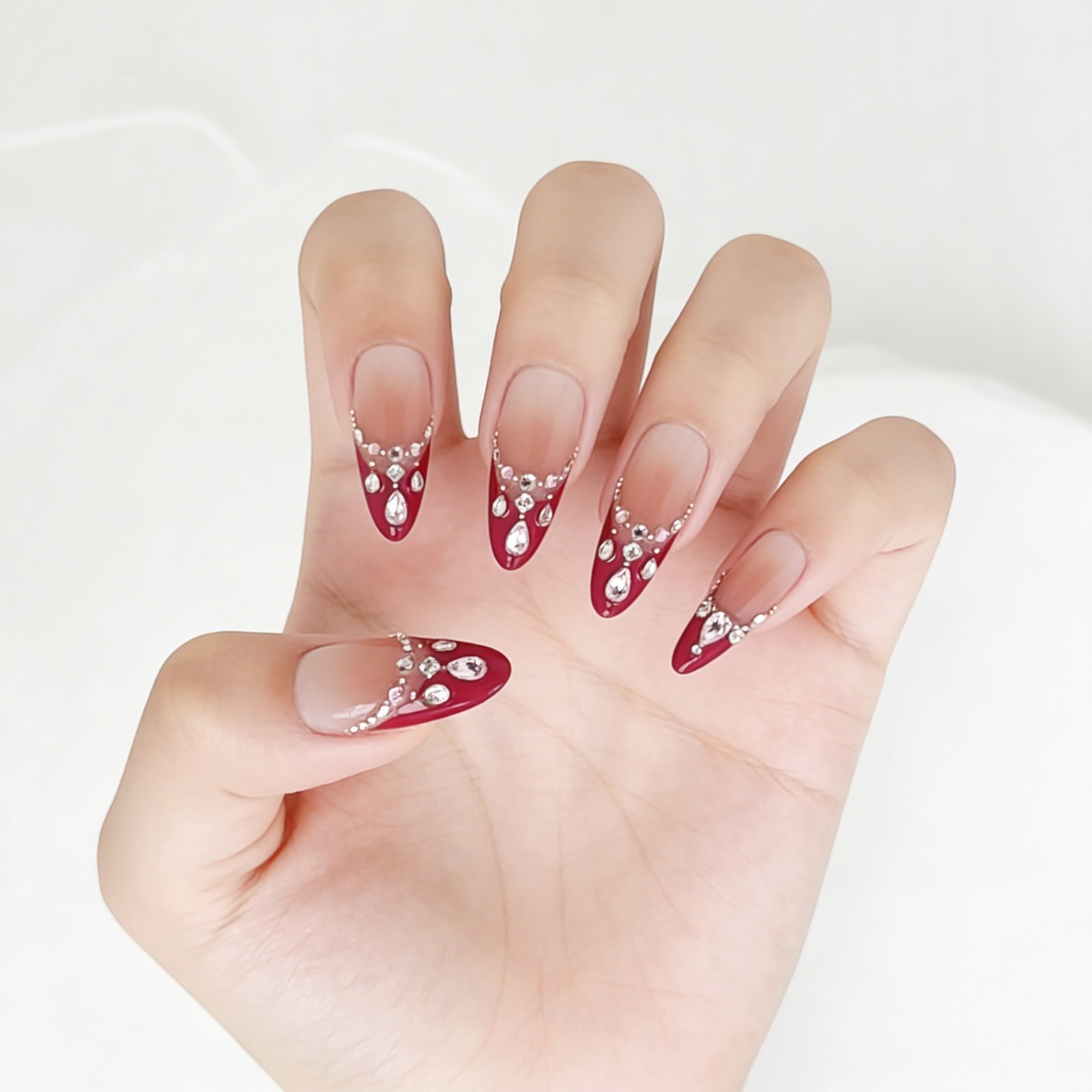 Red Brown Ombre Press-On Nails with Rhinestone Band Luxury Handmade Almond Nails