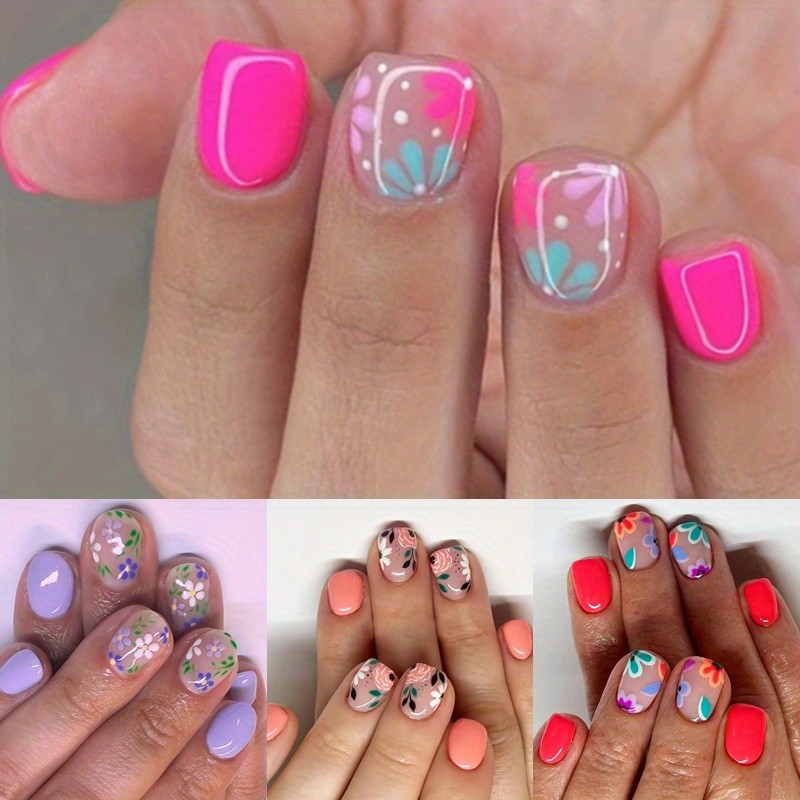 96pcs Vibrant Neon Pink Press On Nails Colorful Small Floral Manicure for Outing