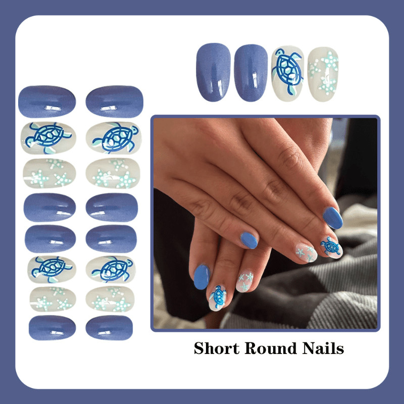 48 Pcs Blue Sea Turtle Press on Nails, Short Oval Starfish Glossy Fake Nails