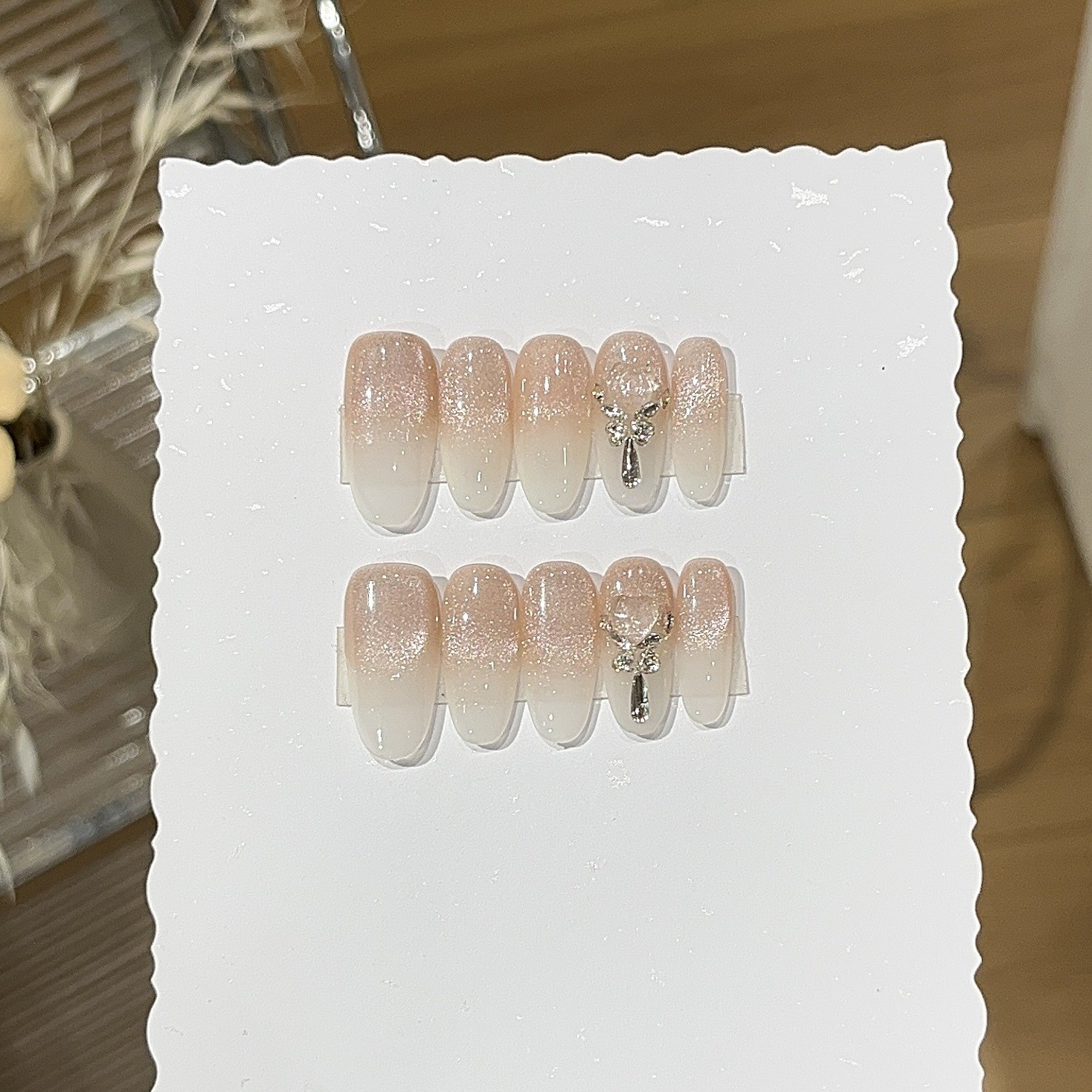 10Pcs Handmade Nude Pink Cat Eye Nails Shiny Rhinestone Pure Aesthetic