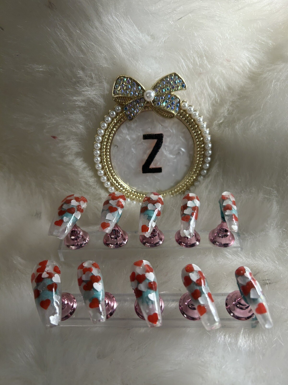 Z NAILZ! Handmade Clear L Coffin W/Red&White Hearts Encapsulated Press On Nails