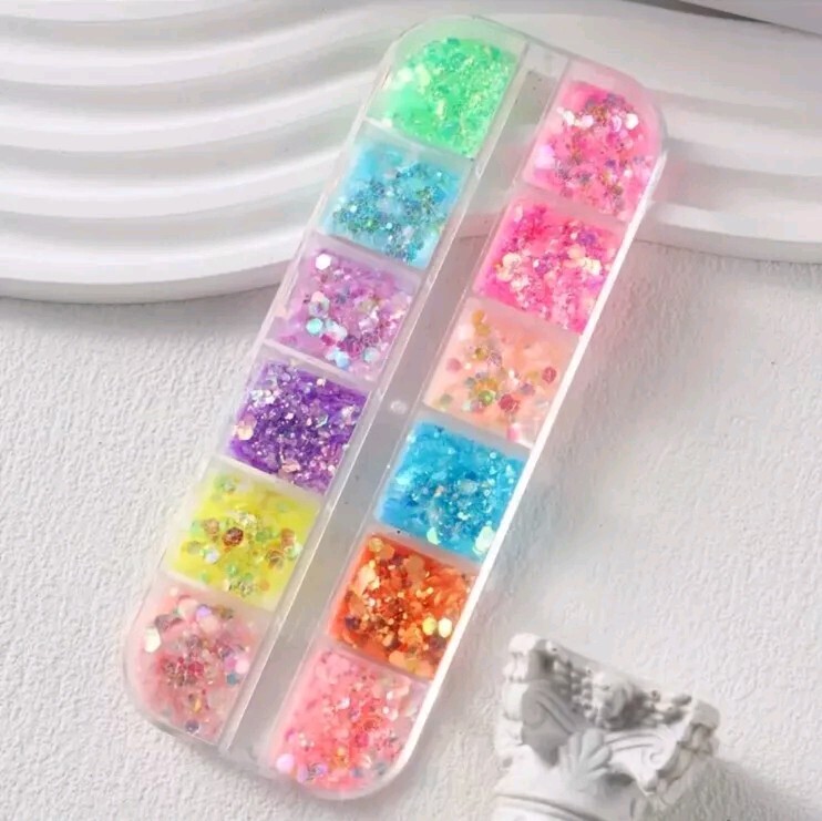 FULL BEAUTY 12 Grids Hexagonal Nail Glitter Flakes, Hypoallergenic Sparkly
