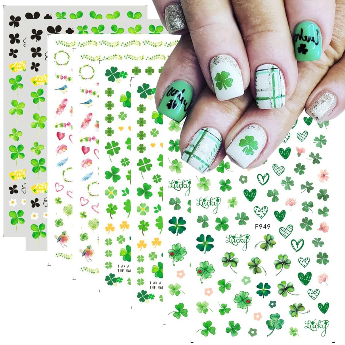 8Pcs St. Patrick’s Day Nail Art Stickers,Green Shamrock 3D Design 18