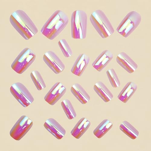 24Pc Chrome Press On Nails Medium Square Fake Nails Metallic normal-nails6