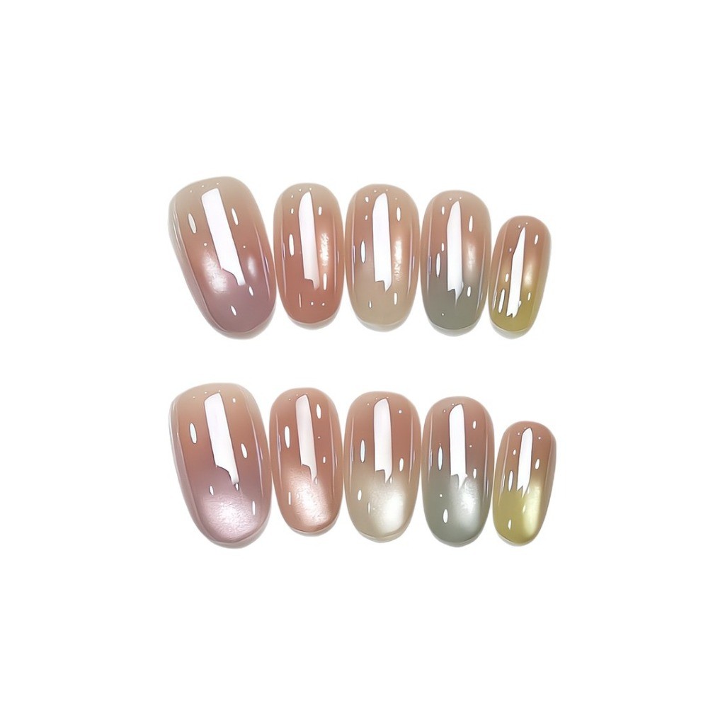 10Pcs Dopamine Cat Eye Press On Nails Gradient Glass Bead Vacation Manicure