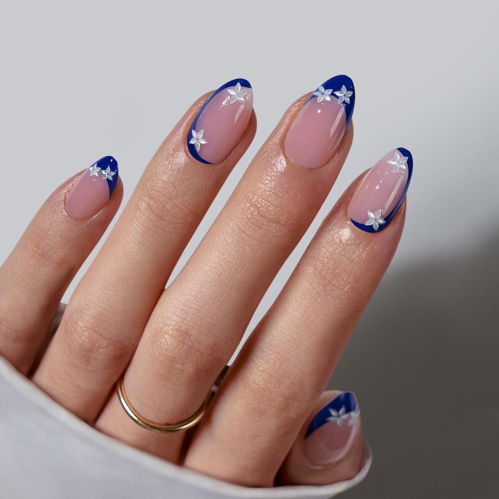 Press On Nails Blue Blossom Short Almond French Tips 32Ct | Salon-Quality Easy A