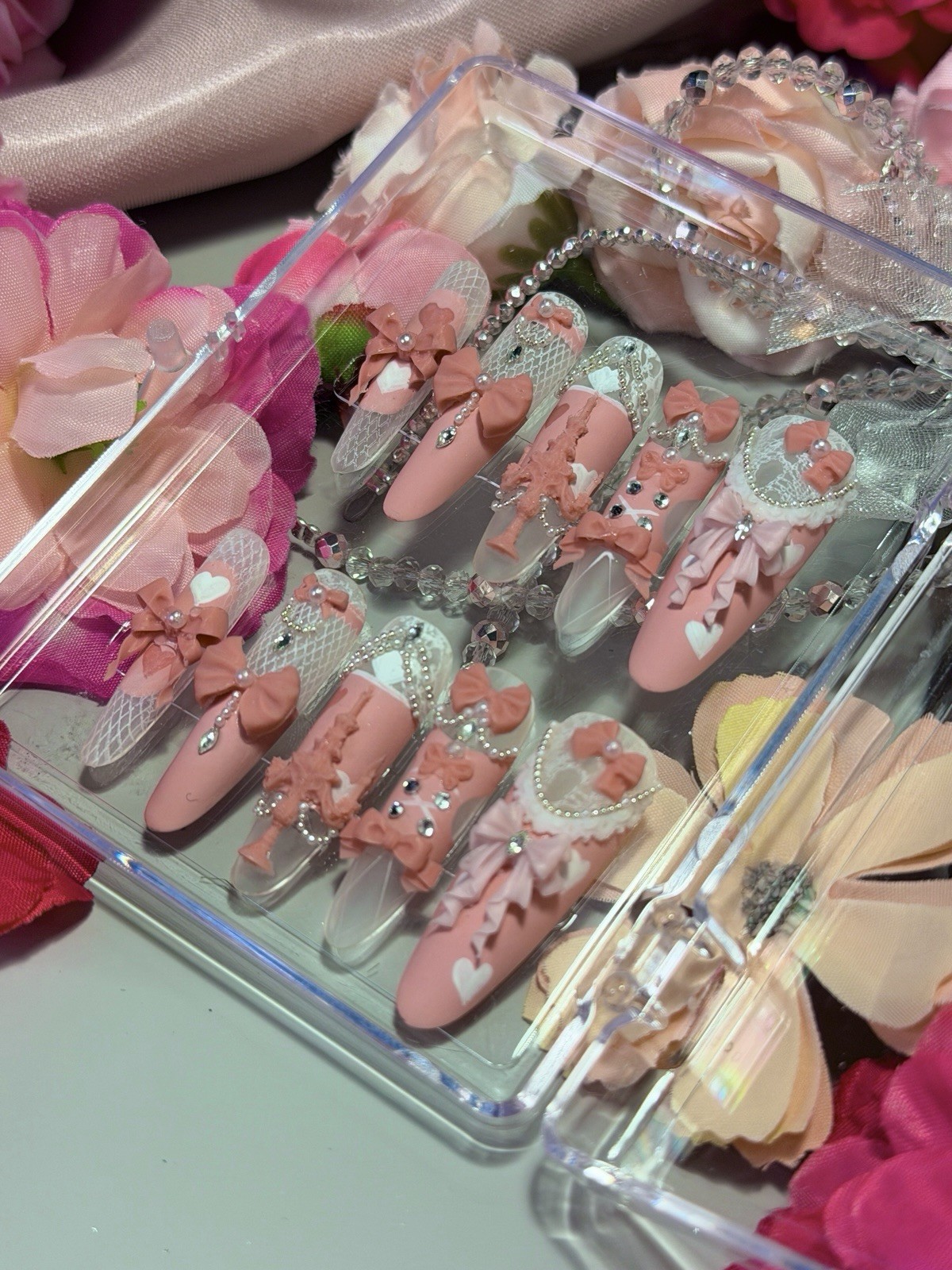 Pink Princess Bow Lace Flower Matte Finish Press On Nails Long Y05 With Pearl