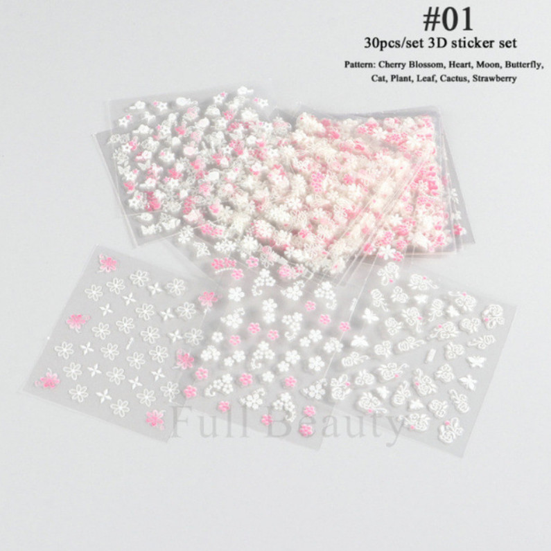 10 Sheets 3D Daisy Flower Butterfly Nail Art Stickers Charms Decoration Manicure