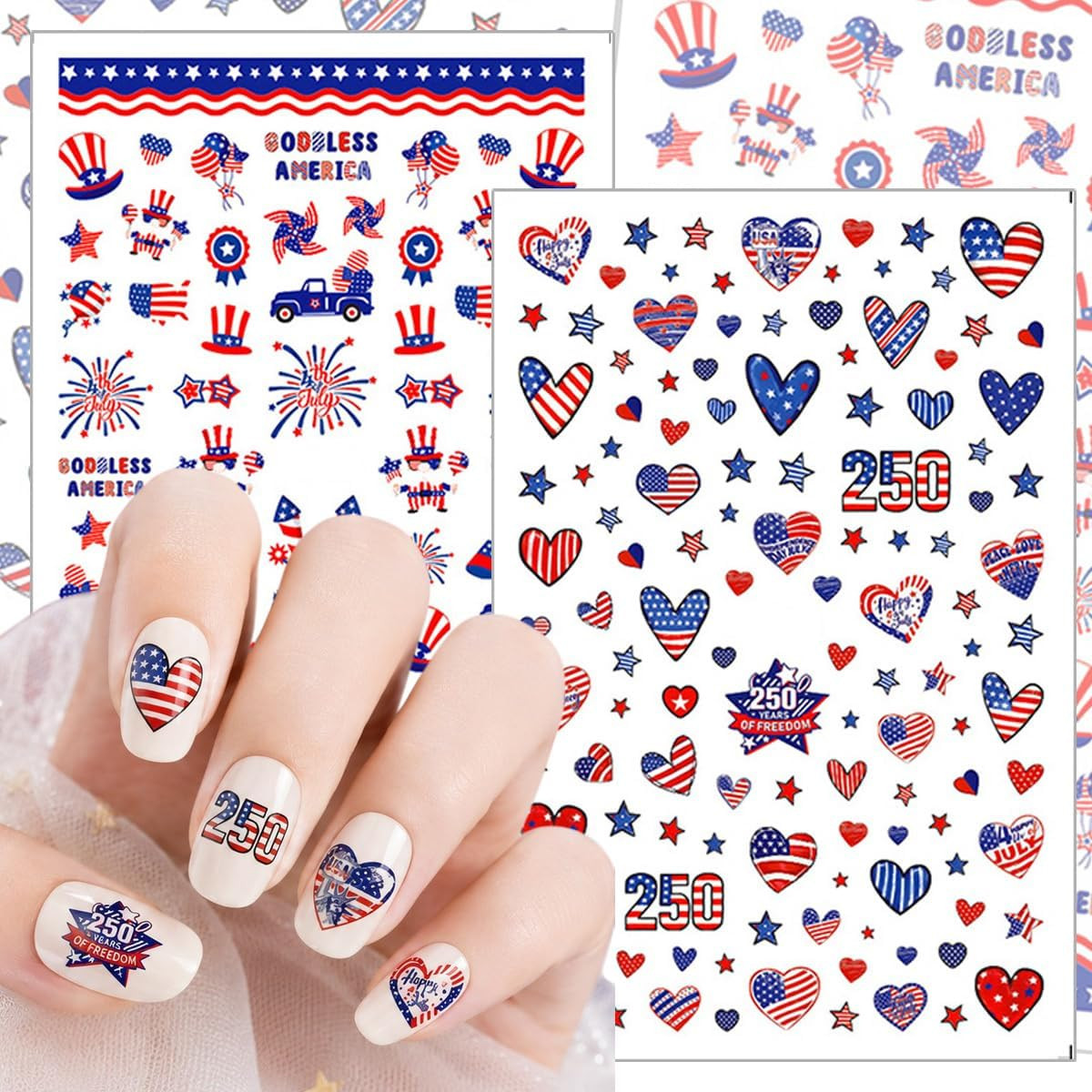 4Th of July Nail Stickers Decals Red White Blue Independence Day Map Fireworks 3
