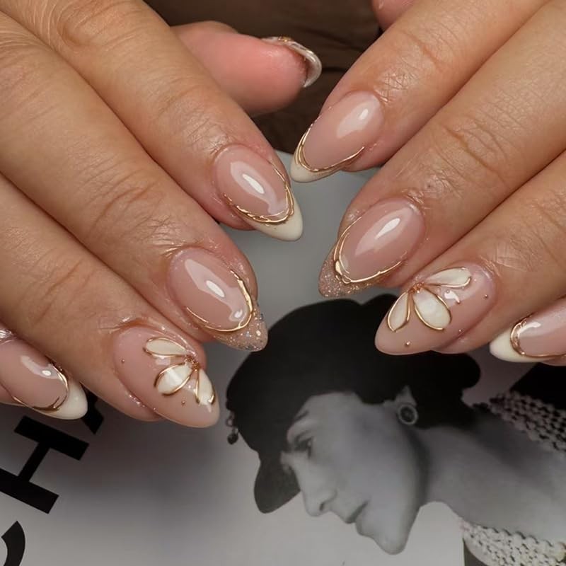 Pink French Tips Press On Nails Short 24 Fl Oz (Pack of 1) 1889-Almond Flower