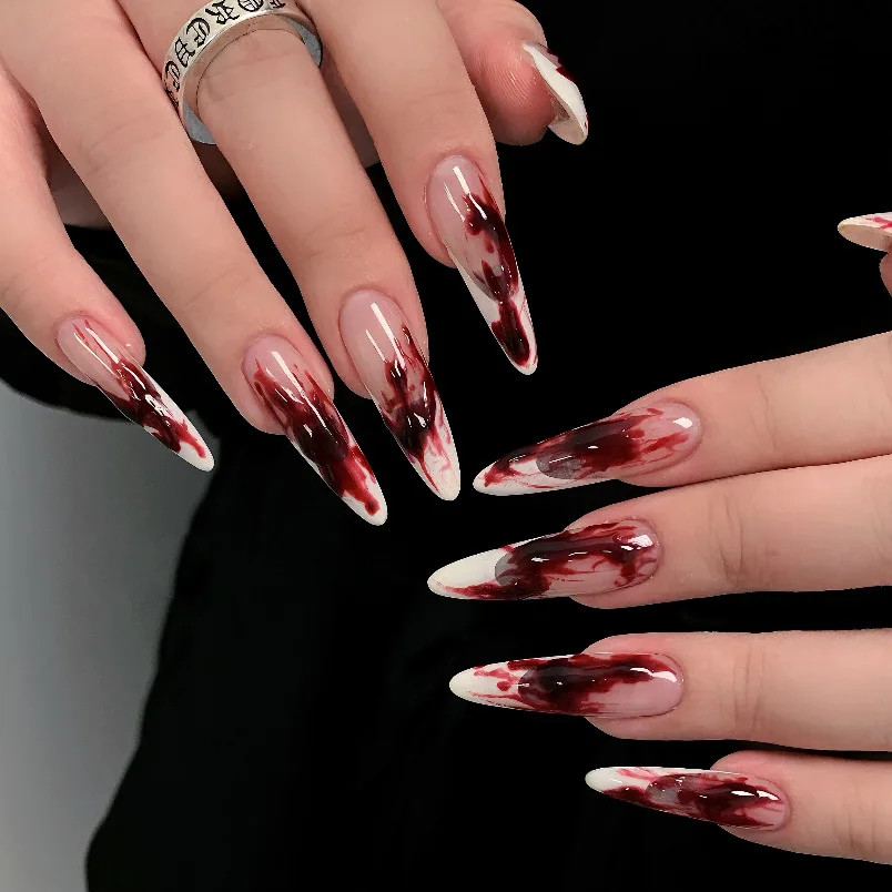 24pcs 2026 Halloween Scary Skull Love Print Press On Nails Glitter Pink Sequins