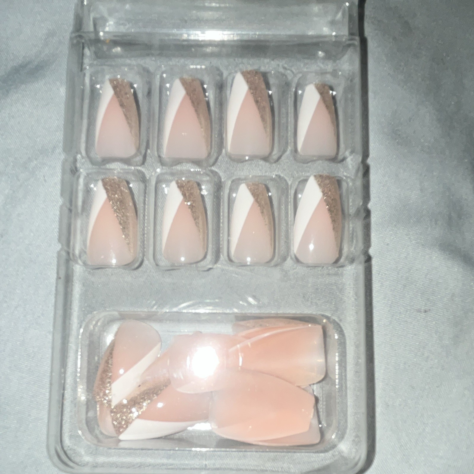 Pink White Glitter Coffin Artificial Nails Medium Full Cover for Finger