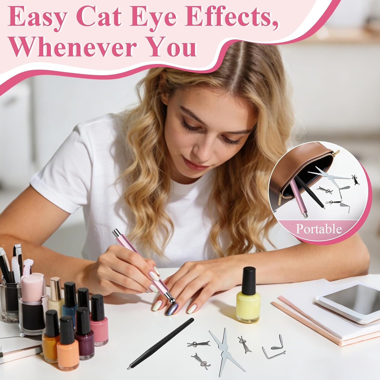 3 in 1 Cat Eye Nail Magnet Set, Double-Head Magnet Wand with Steel Ball round Be
