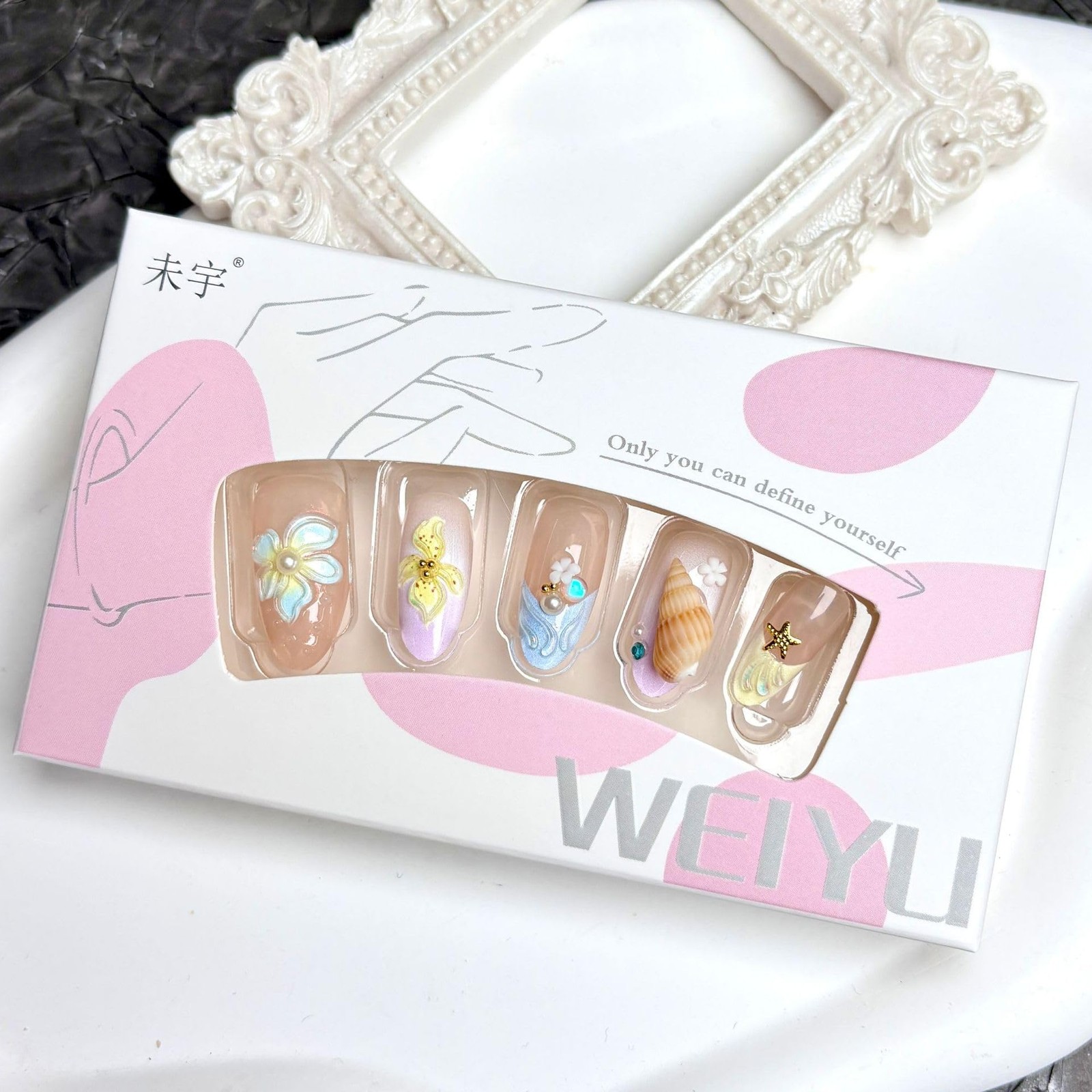 French Tip Press on Nails Long Almond Summer Fake Nails with 3D Hibiscus Flow…