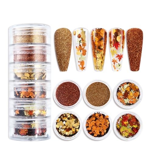 6-Grids Fall Maple Leaf Nail Art Glitter Sequins 3D Holographic Gold Orange