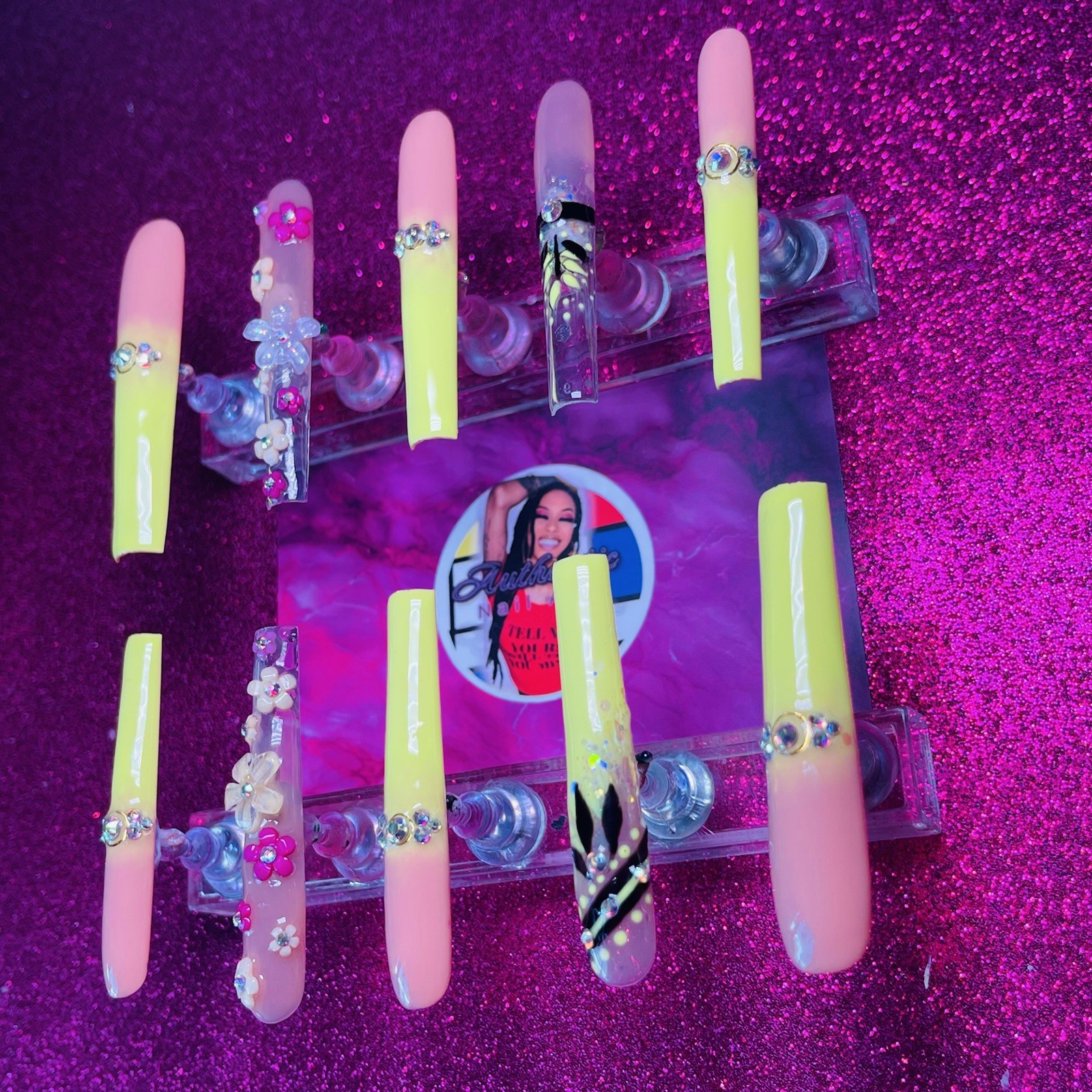 Authentic Nail Arts by Dia Square Press-On Nails Pink Yellow Flowers Shiny Long