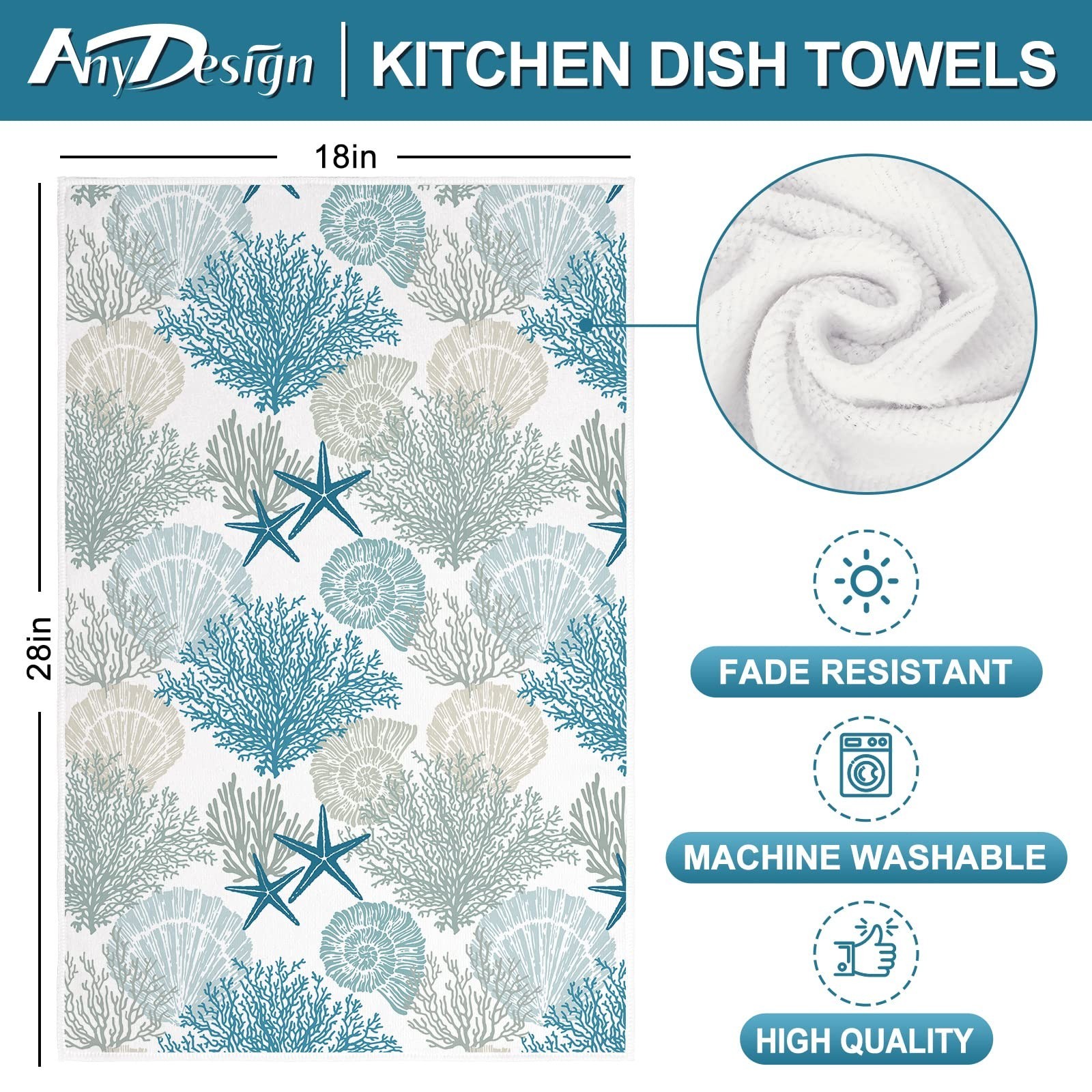 AnyDesign Ocean Theme Kitchen Dish Towel Beach Seashell Coral Starfish Hand D…
