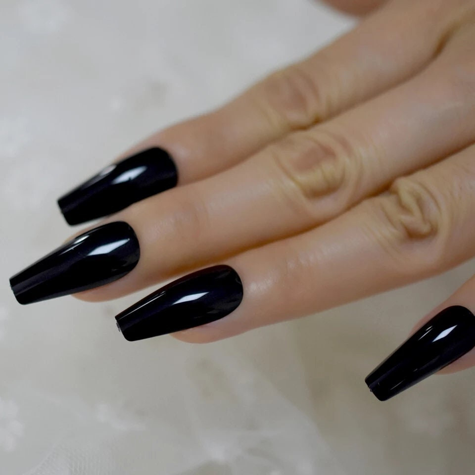 New 24 Press On Nails Kit w glue Black long coffin goth glossy