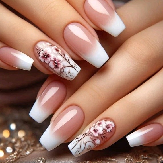 2 Pack Of 24 PCS French Floral Press-On Nails – Gradient Coffin Romantic Design