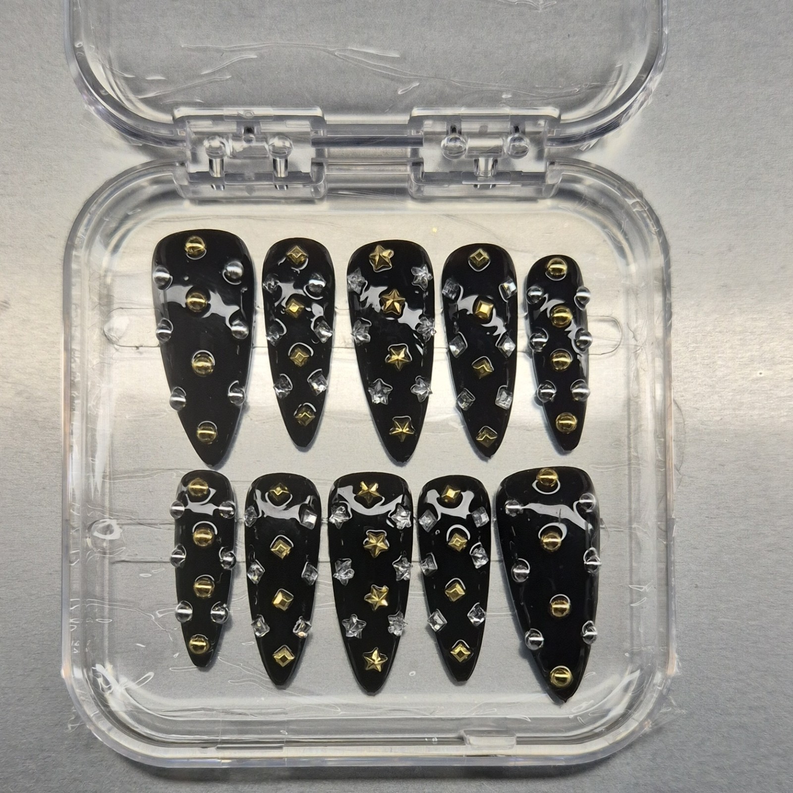 Black Gold Silver Star 3D Stiletto Press-On Nails Pre-Designed Full Cover