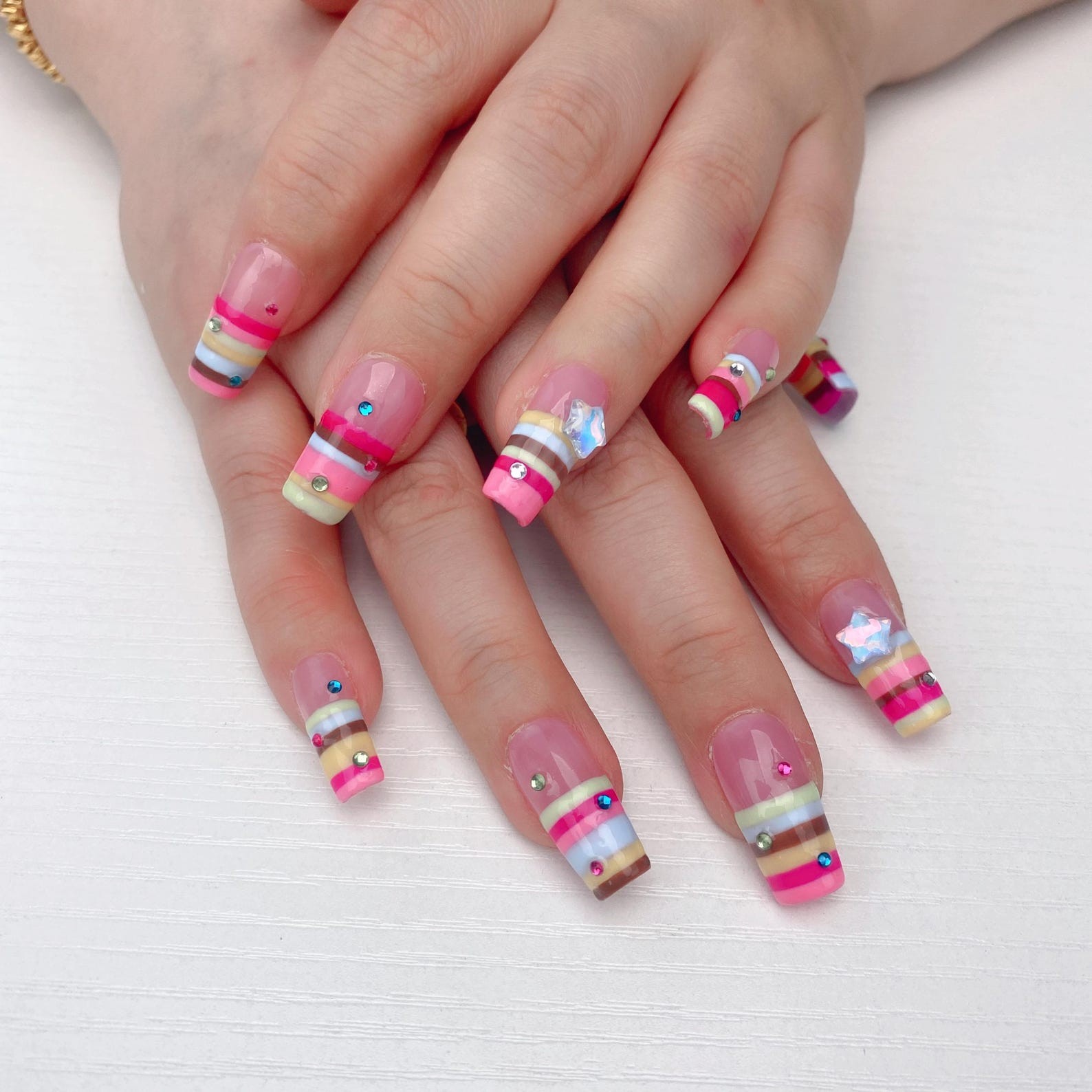 Handmade Rainbow Striped Star Rhinestone Long Square Press on Nails Set