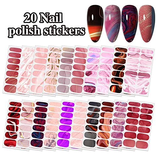 20 Sheets Red Series Marble Nail Wraps Stickers for Women, Pink Gradient Nail