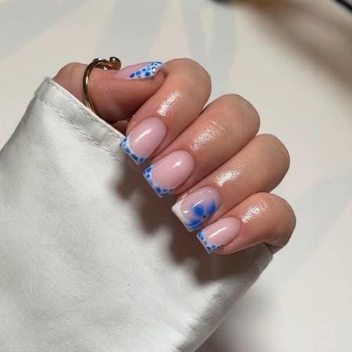 French Tips Press on Nails Short Square Nails Press on with Flower Pattern ST39
