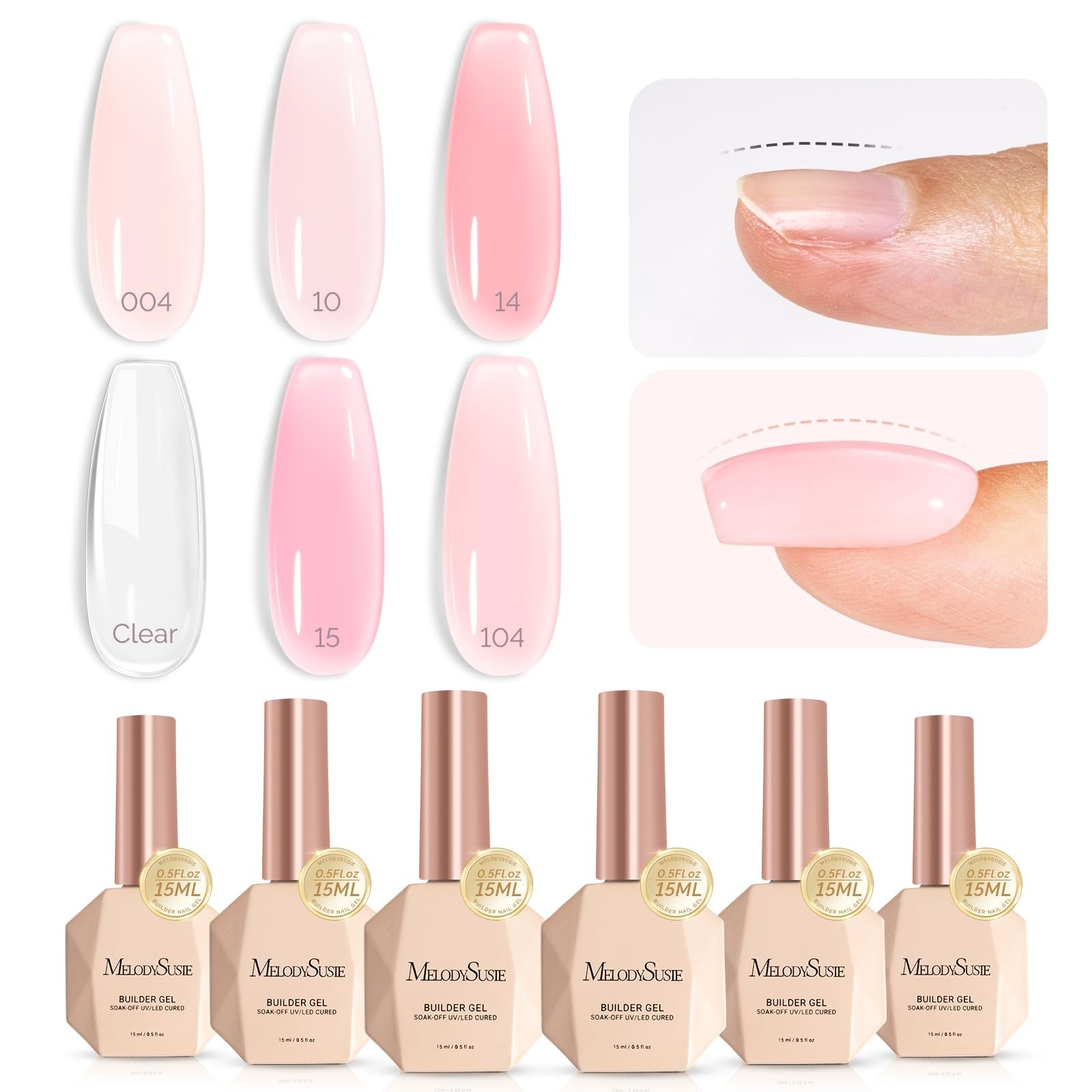 6PCS Builder Gel Nail Set – Thick Pink Base, Clear Rubber Gel, Soak Off UV, Rhin