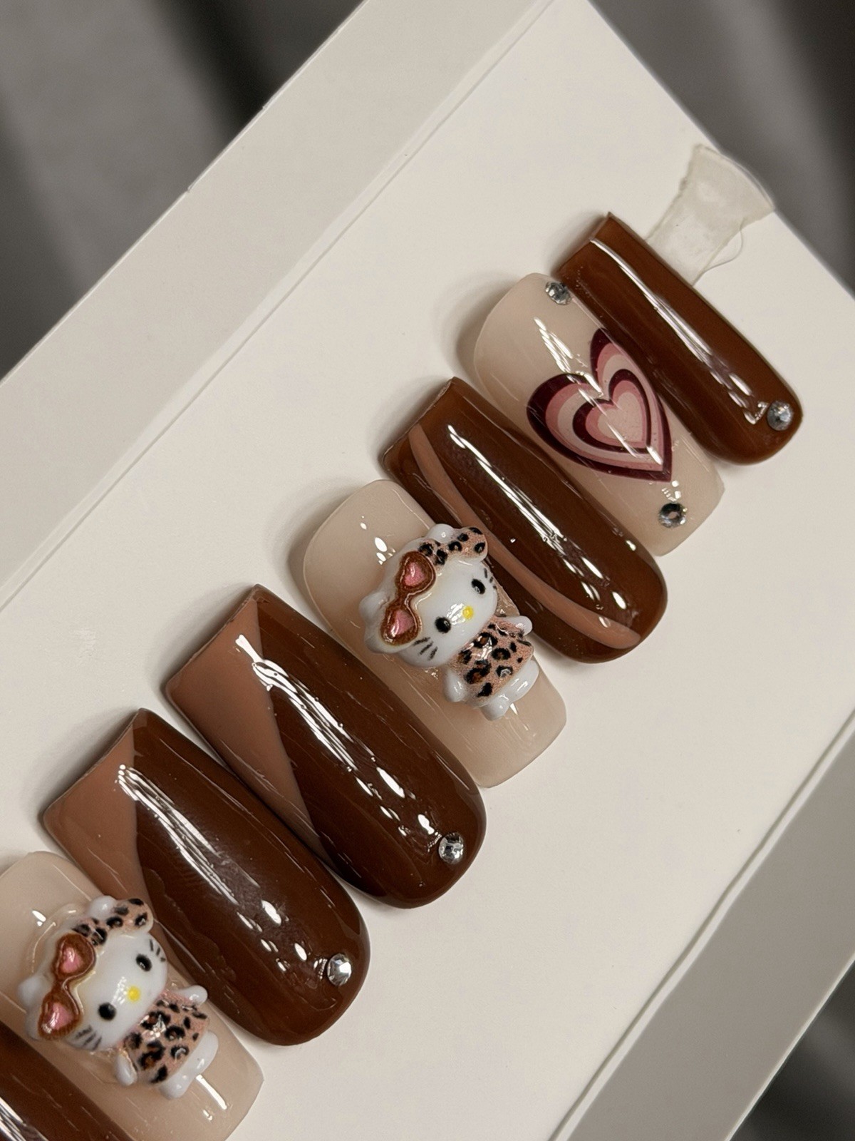 ✨ CUSTOM Press On Nails Brown Nude HELLO KITTY BLING 10p SET W Kit