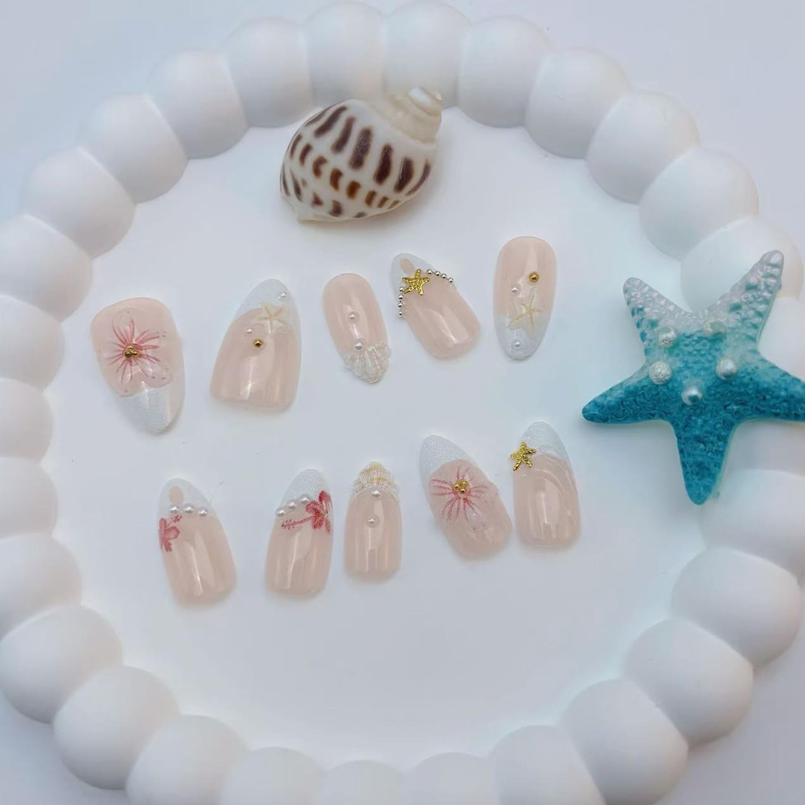 30Pcs Short Almond Press On Nails, Summer Beach Theme False Nails with 3D Pin…