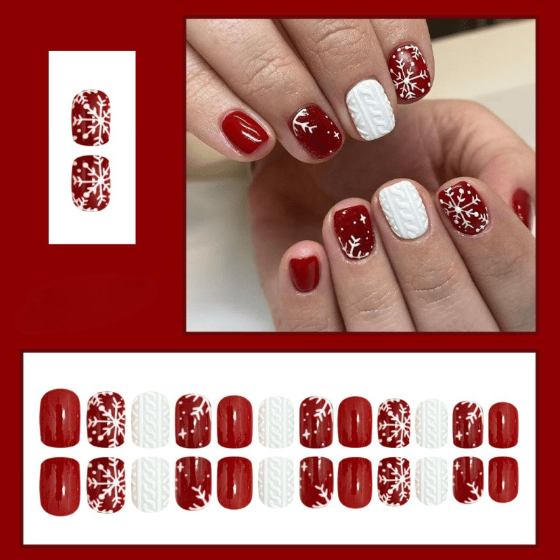 48 Pcs Red White Snowflake Oval Press on Nails, Winter Glossy Nude Fake Nails