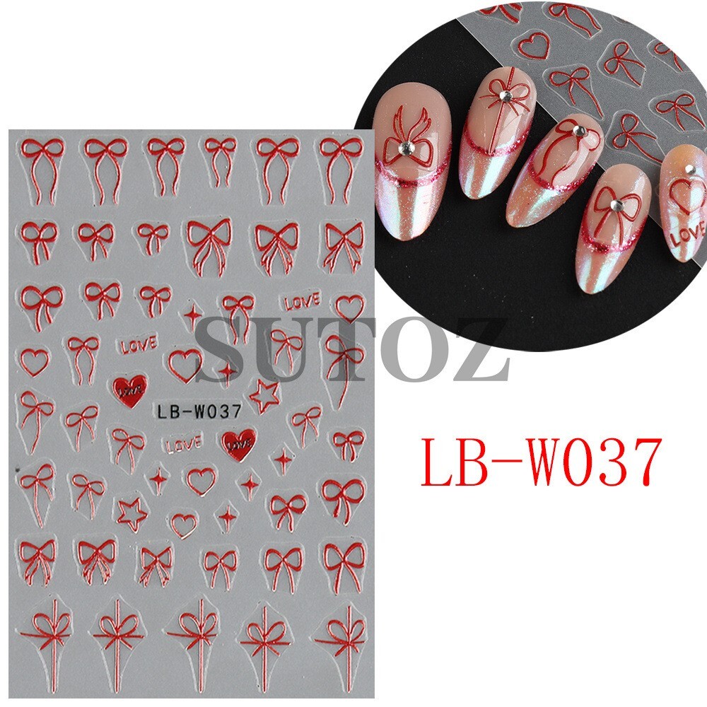 4Sheets Heart Bows Nail Art Stickers 3D Self-Adhesive Decals Bow Tie French NH28