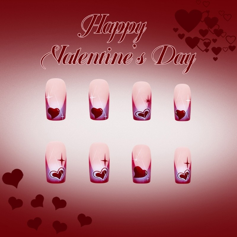 Middle Length Glossy Fake Nail Valentine Wine Red Heart Design Press On Nail