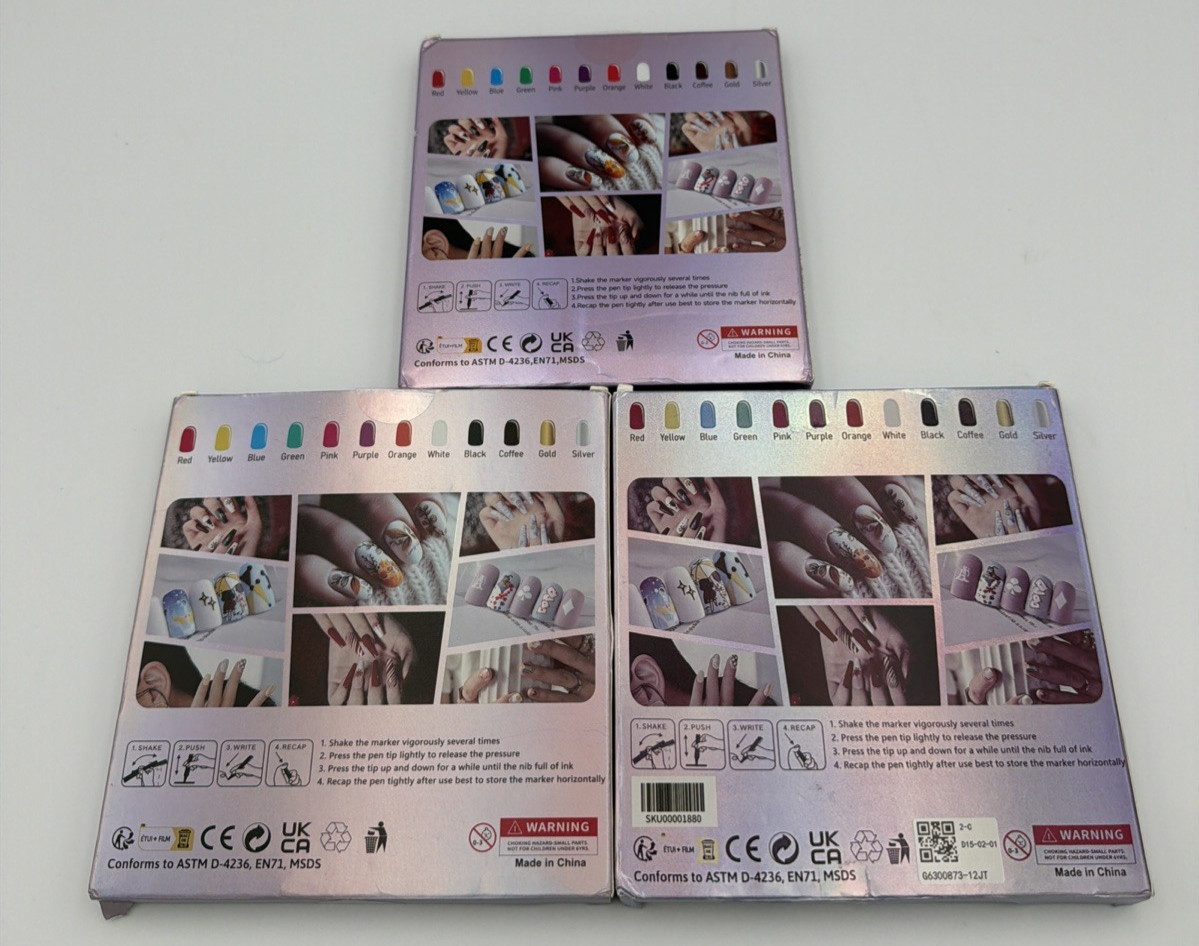 Lot of 3 Nail Art Marker Sets 12 Colors Water-Based Quick Dry Nail Pens