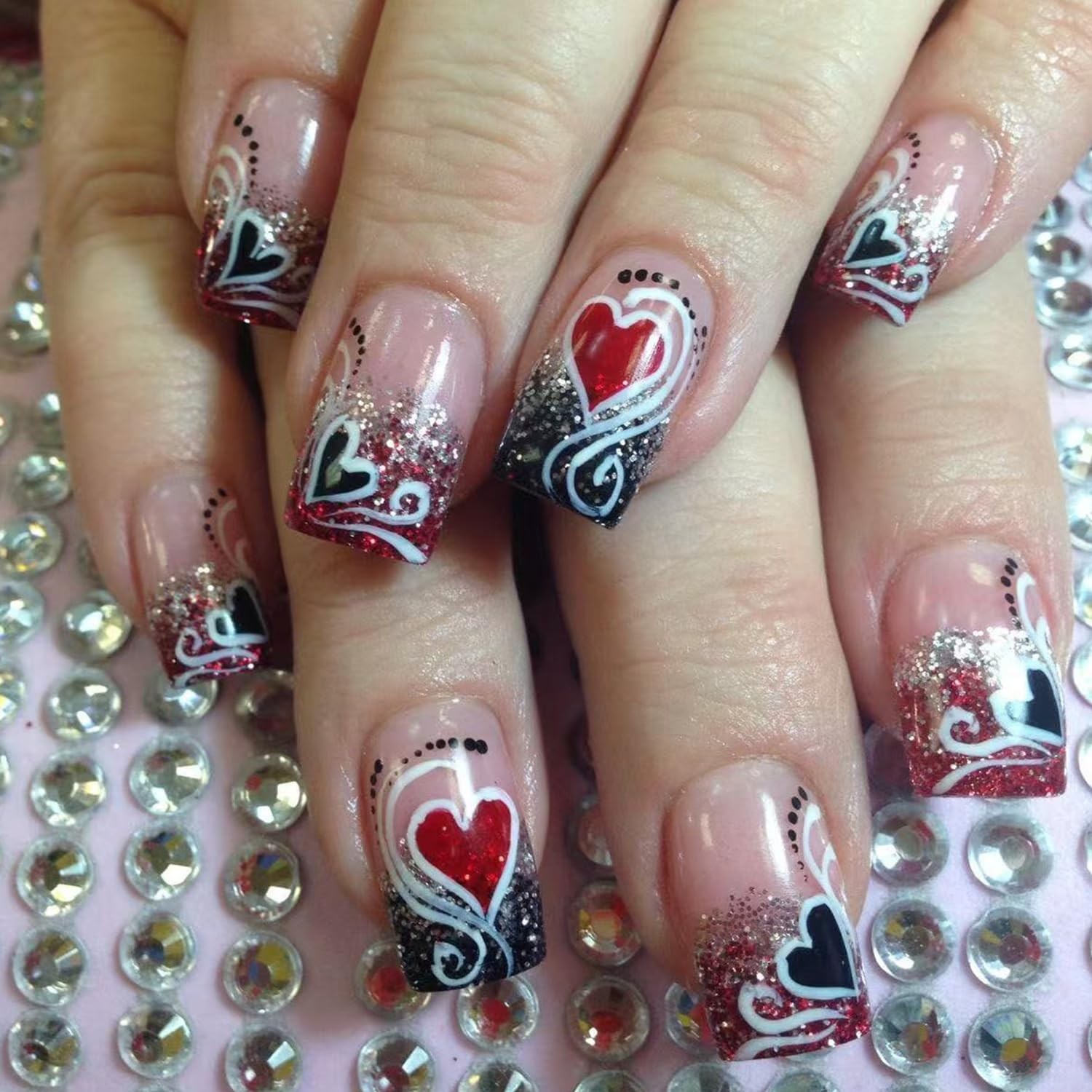 24Pcs Valentine’s Day Press on Nails Short Square French Tip Fake Nails Heart…