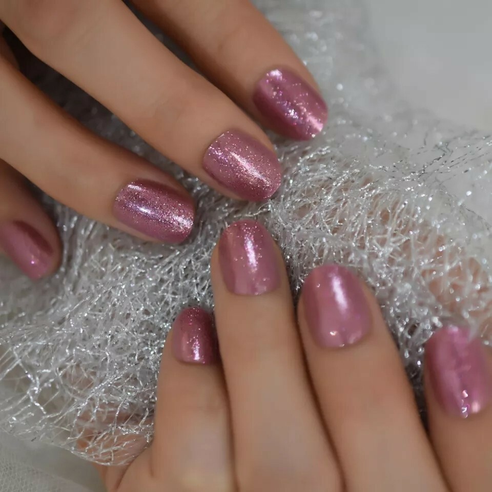 Pink Glitter Press on Nails with glue short rose gold sparkle