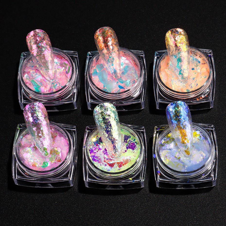 6pcs Aurora Opal Nail Glitter Flakes Iridescent Nail Pigment Crystal Mermaid Spa