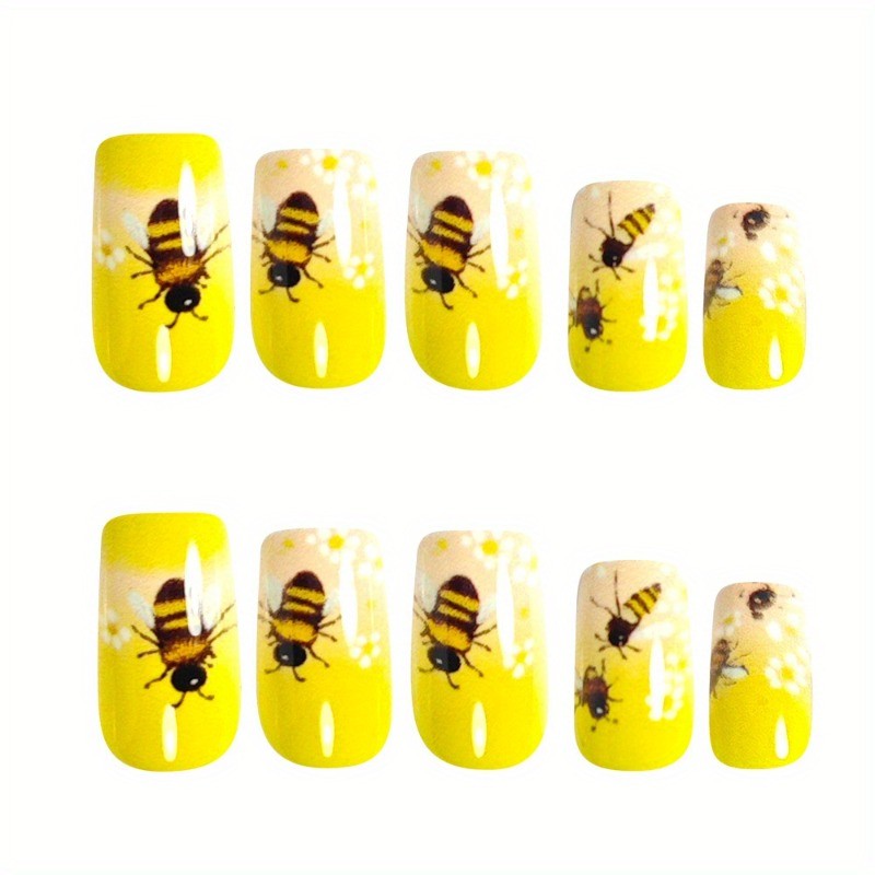 48 Elegant Yellow Gloss Flower Bee Spot Whitening Fake Nail Art