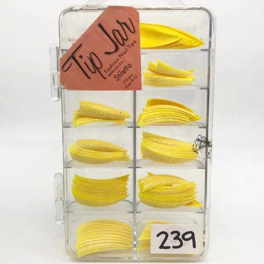 Brand New Tip Jar Fake Nail Tips – Yellow Stiletto with Glitter (#239)