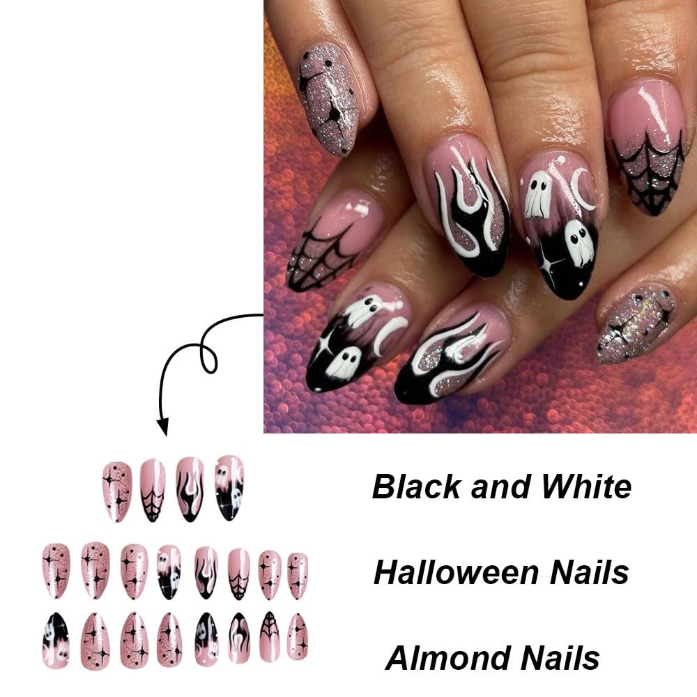 ONPRESS 24Pcs Halloween Press on Nails Short Almond Fake Nails Black Flame Fr…